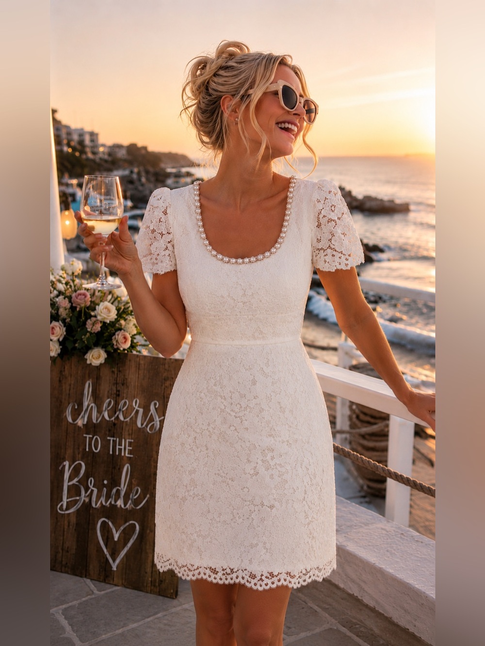 LIKELY Isla Dress White Lace Pearl-Trim Short Dress